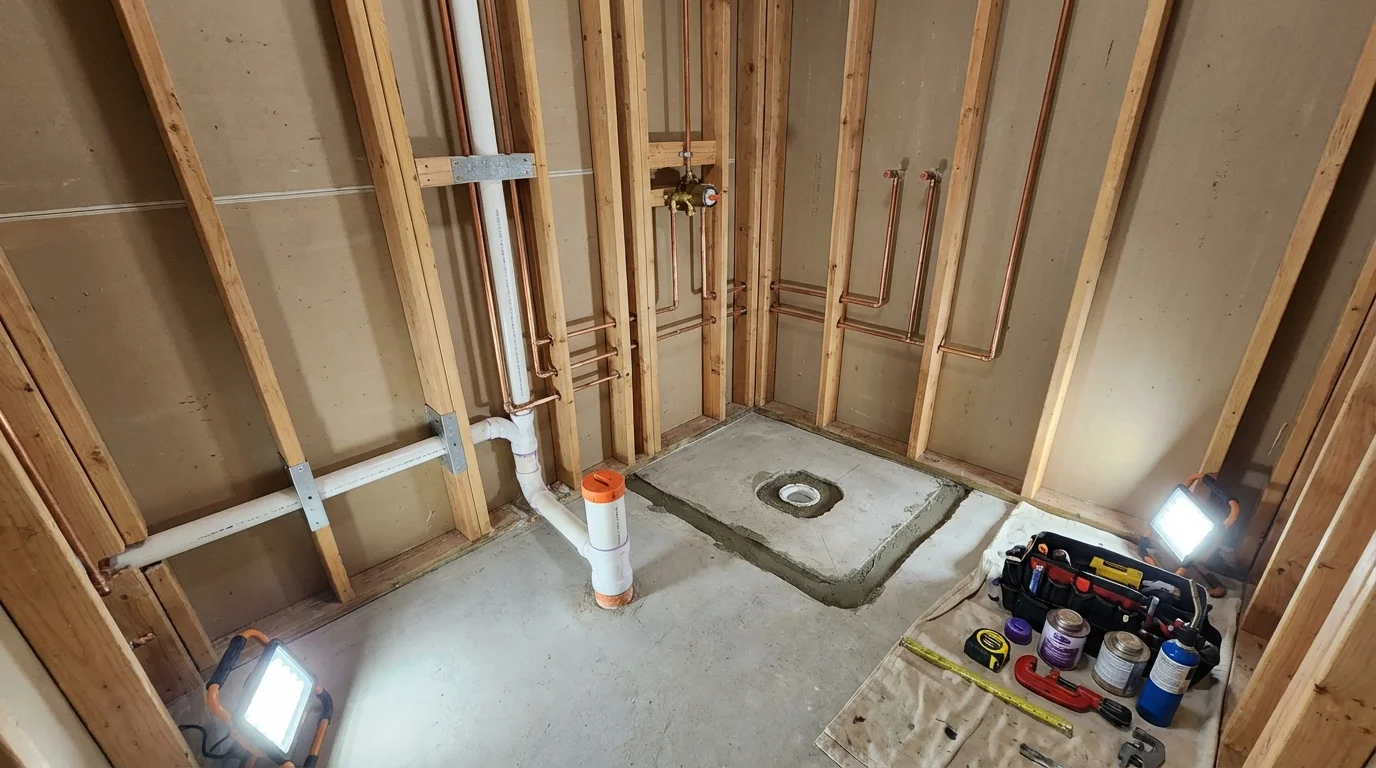 Bathroom rough-in plumbing during remodel by Johns Plumbing LLC in Charlottesville