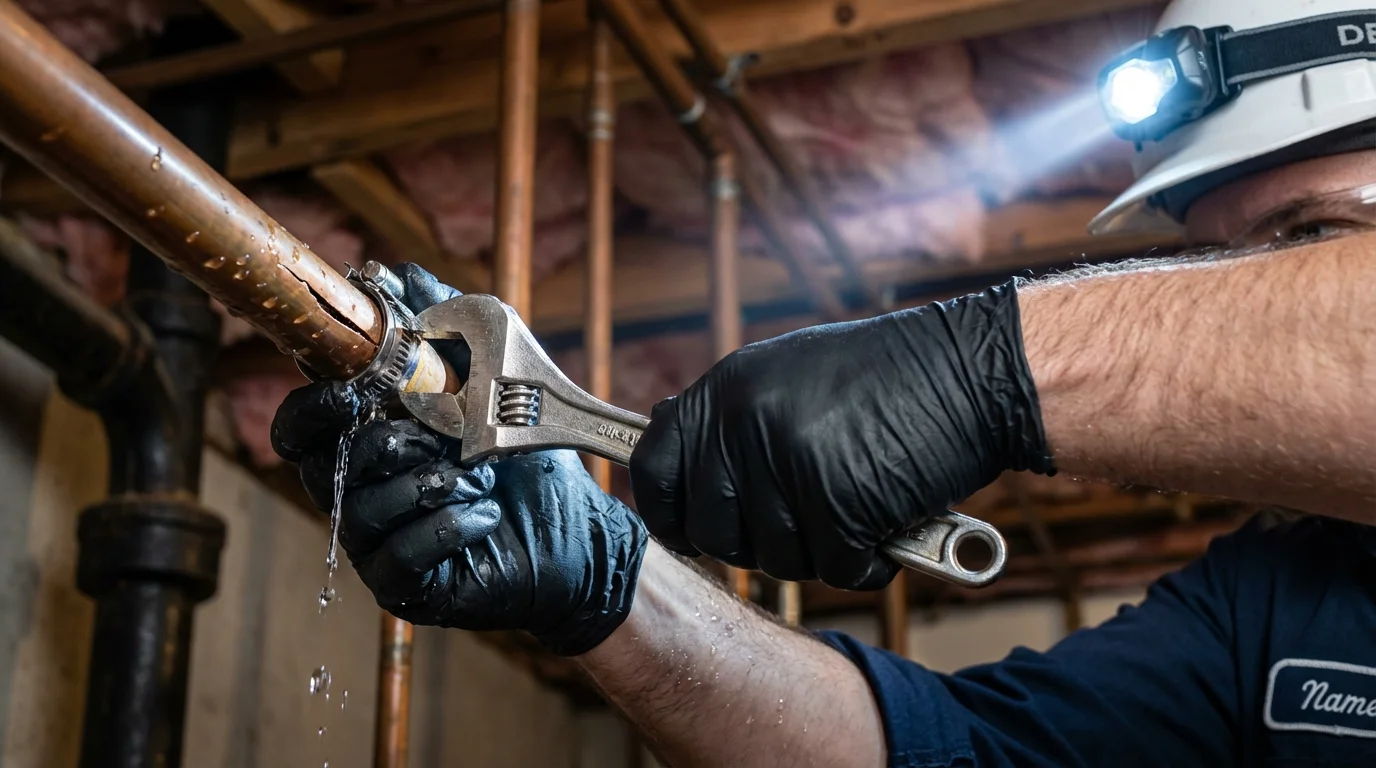 Emergency pipe clamp repair being performed by a Johns Plumbing LLC plumber in Charlottesville
