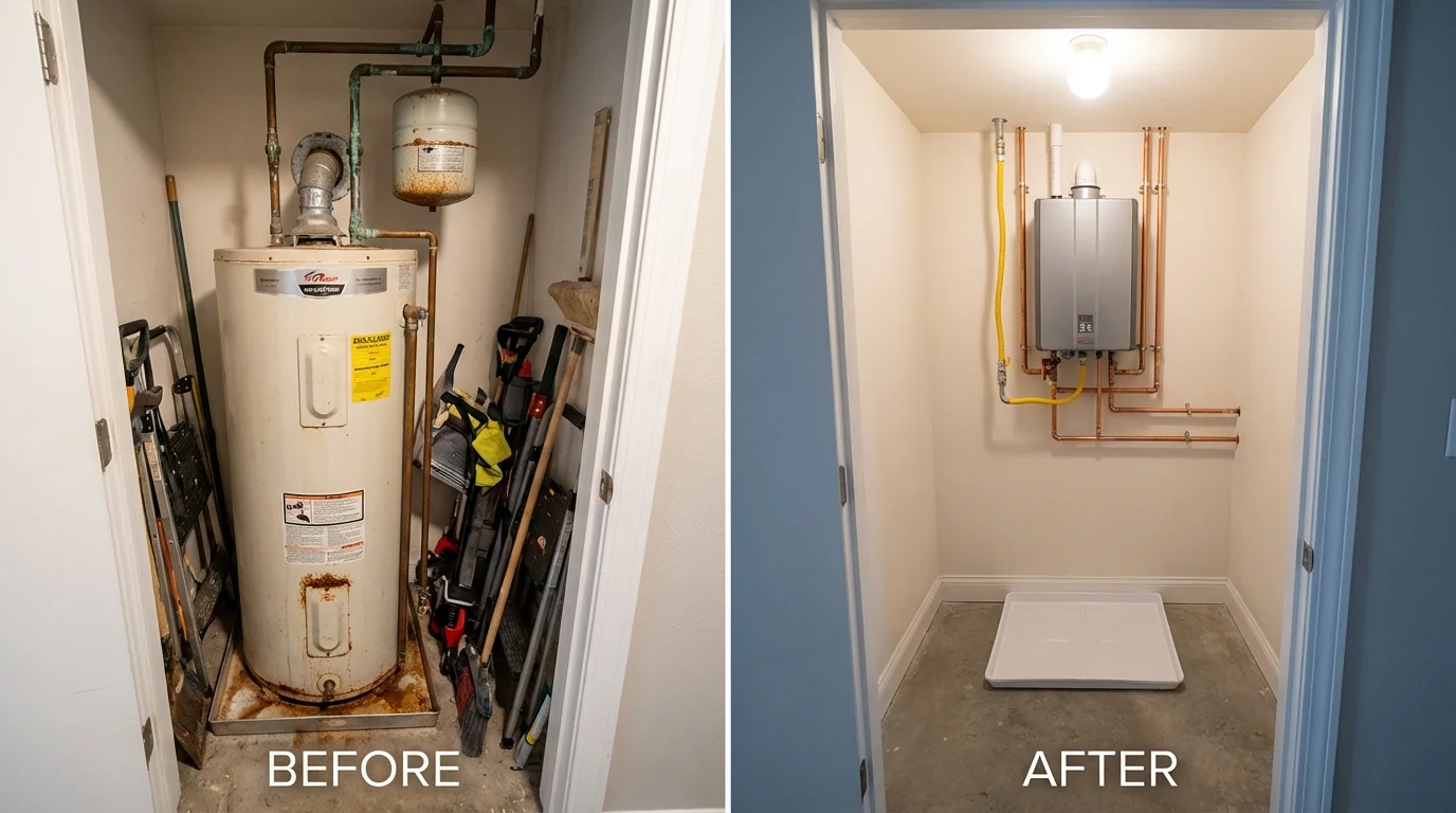 Tank water heater versus wall-mounted tankless unit comparison for Charlottesville, VA homeowners