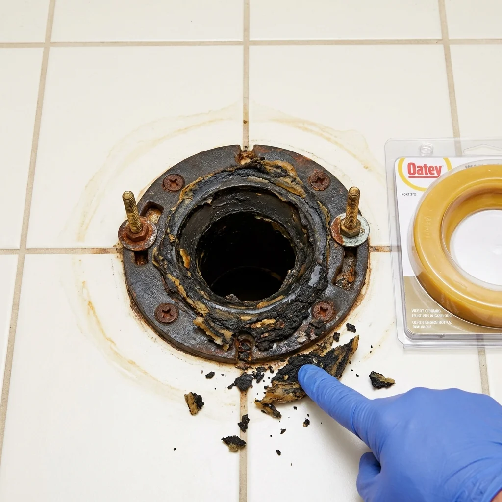 Failed wax ring showing water seepage at the base of a toilet in a Charlottesville, VA home